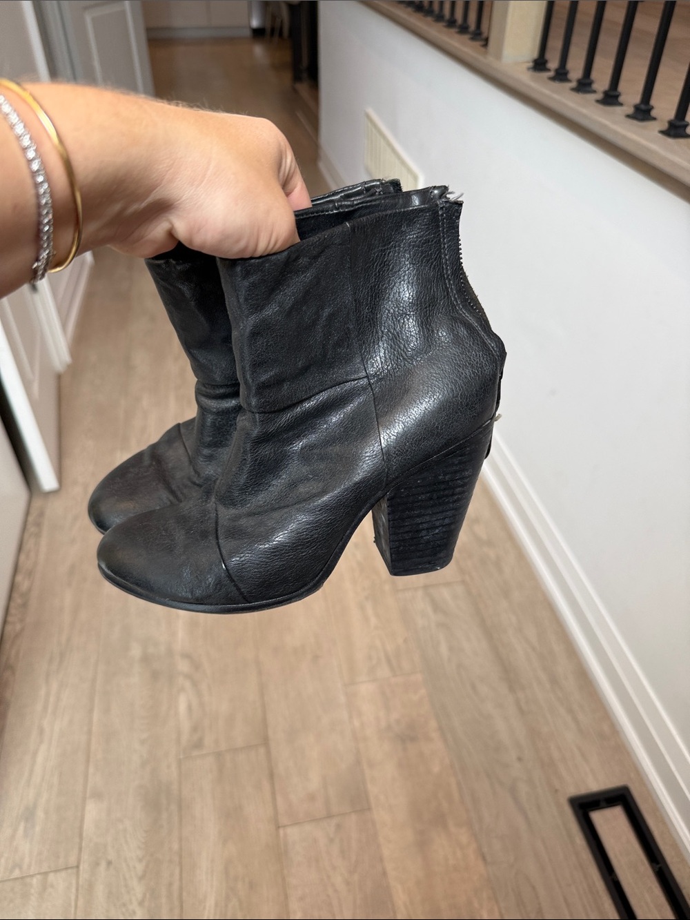 rag & bone Black Leather Stacked Heel Ankle Boots